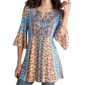 SOFT SURROUNDINGS Womens XL Boho Colorful Embroidered Tunic Top 3/4 Sleeve Artsy